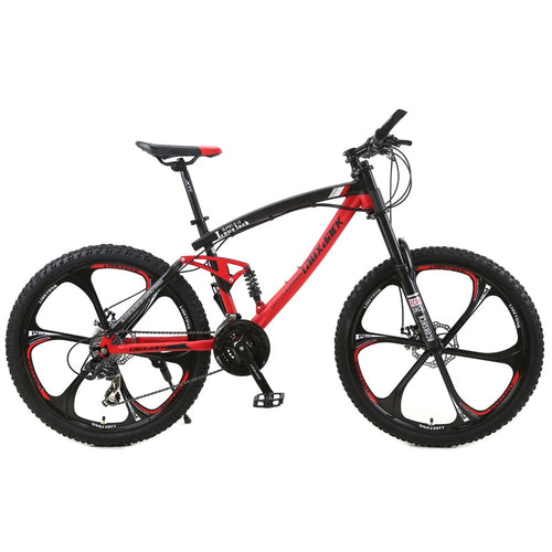 LAUXJACK Bicicleta de montaña Cuadro de acero Cuadro de suspensión completa Freno de disco mecánico 24 velocidades Shimano Ruedas de aleación de 26 